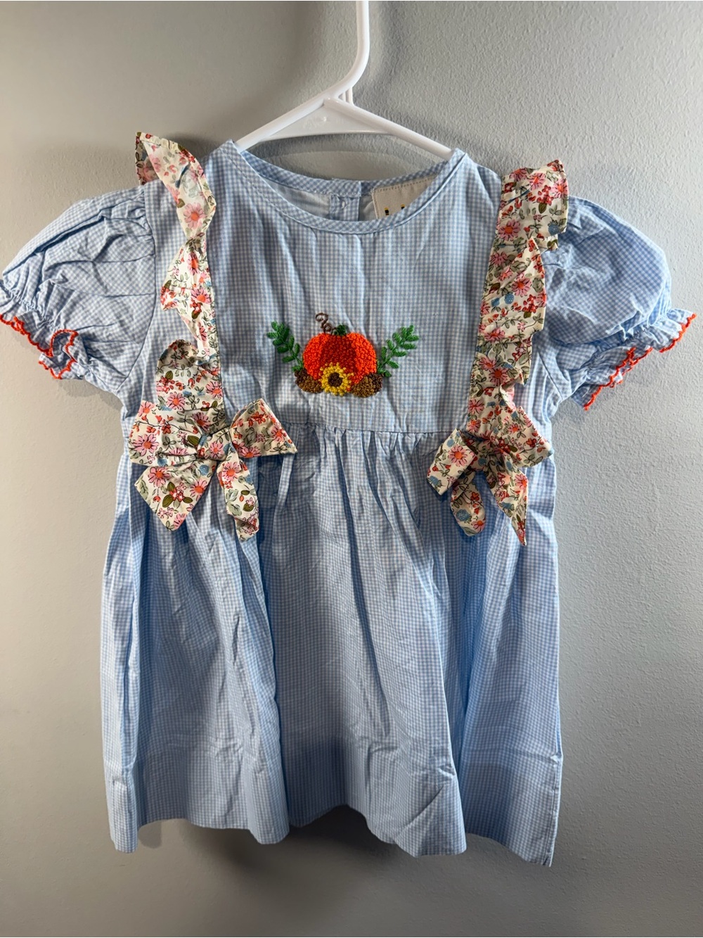 Babeeni French Knot Pumpkin Appliqué Girls' Halloween Dress Blue/White Sz 2T NWT
